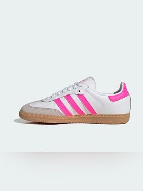 adidas Kids White Sneakers with Pink Stripes and Gum Sole